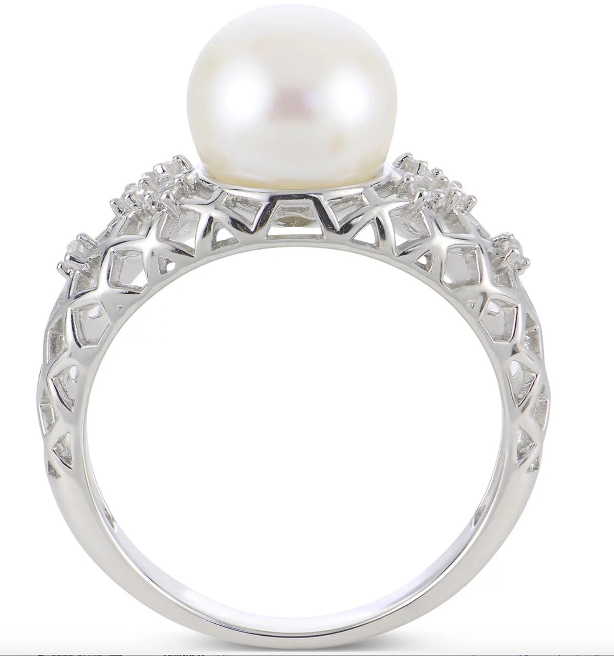 Cultured Freshwater Pearl & Lab White Sapphire Ring in Sterling Silver