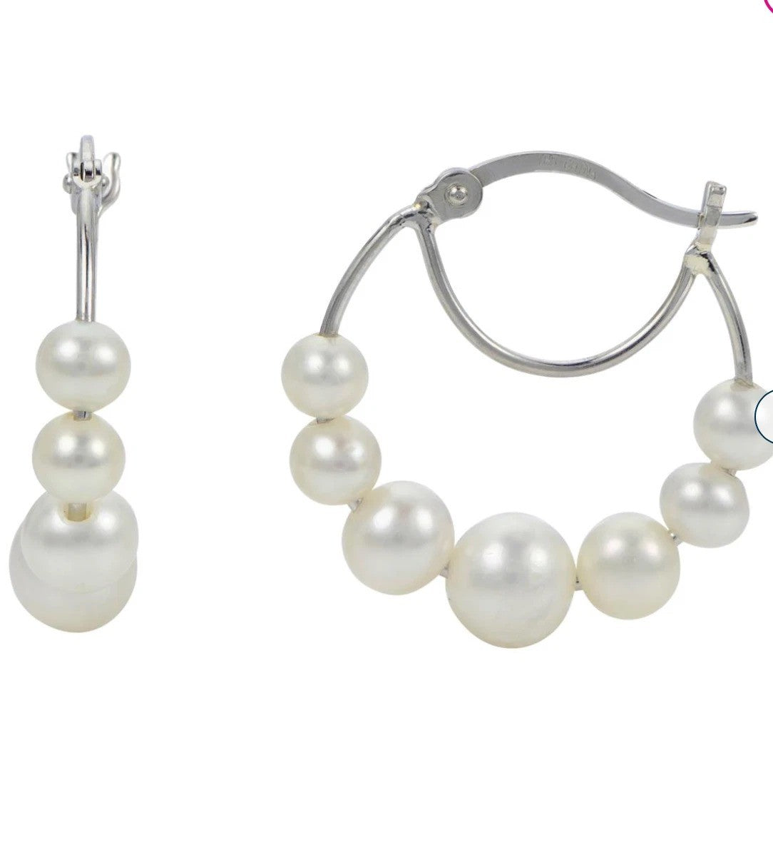 Cultured Freshwater Pearl (4-6.5mm) Graduated Hoop Earrings - Sterling Silver