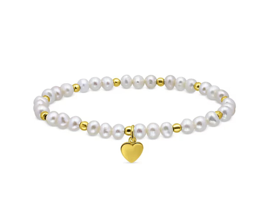 Aqua Heart Charm Cultured Freshwater Pearl Stretch Bracelet 18K Gold Plated