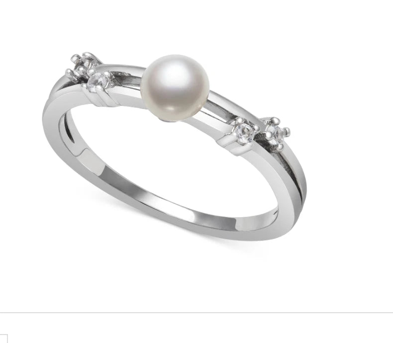 Belle De Mer Cultured Freshwater Button Pearl (5mm) & Lab-Created White Sapphire Ring