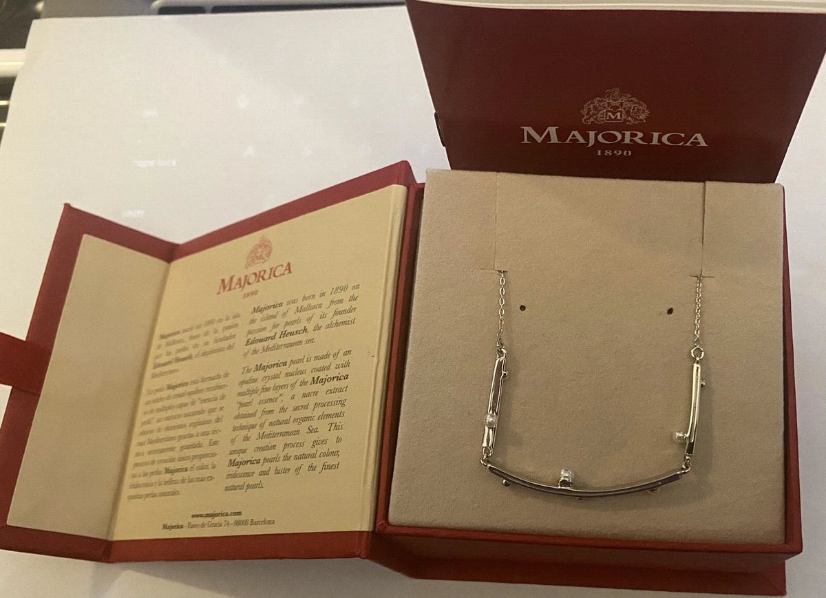 Majorica Curved Thin Bar Necklace Sterling Silver 16in
