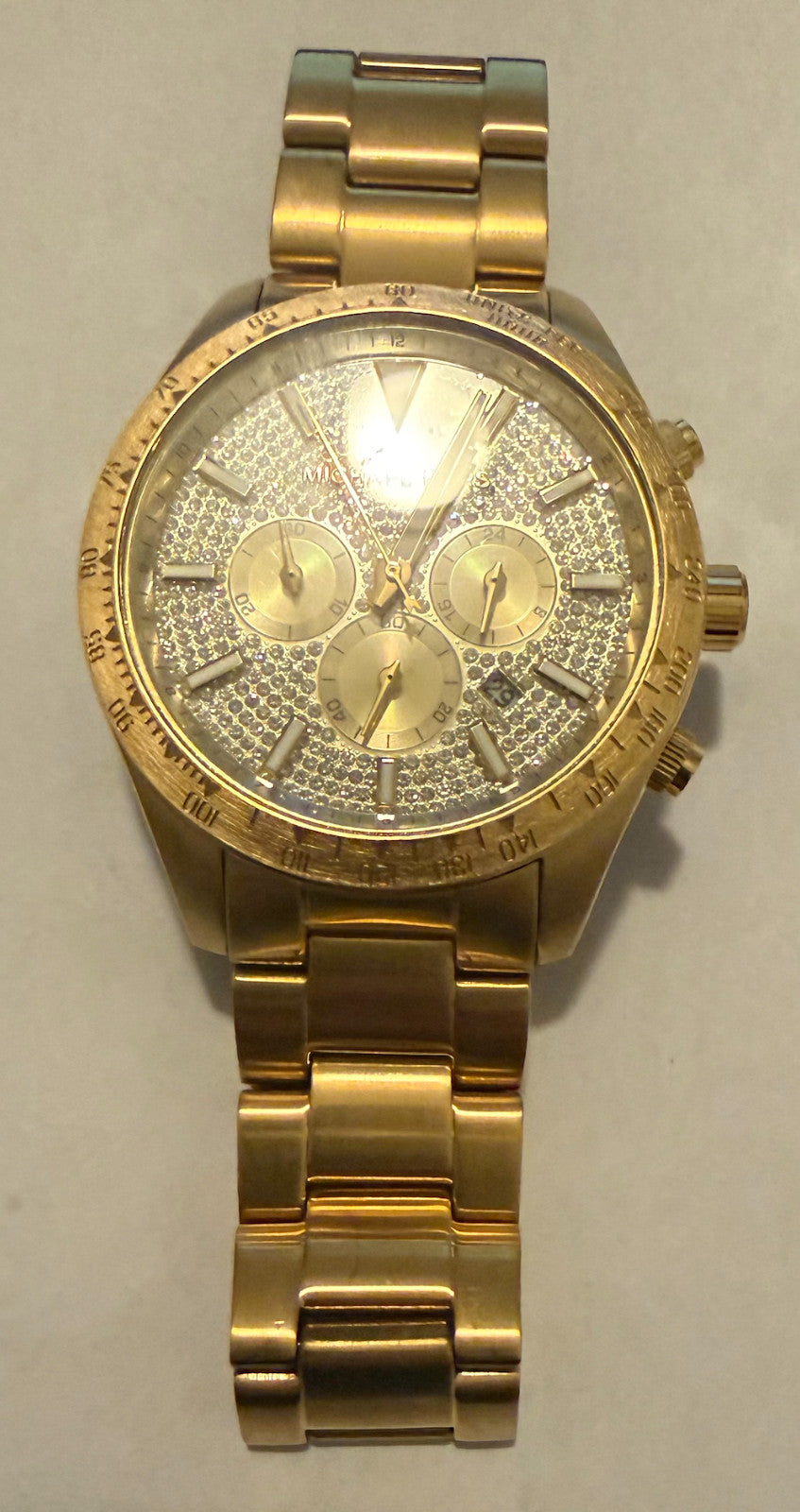 Michael Kors Layton Yellow Gold Pave Crystal Mens Unisex Watch MK8873 NIB