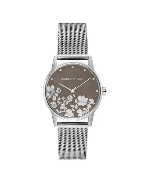BCBGMAXAZRIA QUARTZ FLORAL SILVER MESH BG50827003 WOMEN'S WATCH No Box