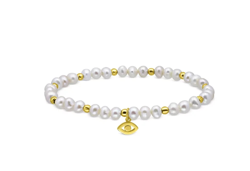Aqua Evil Eye Charm Cultured Freshwater Pearl Stretch Bracelet 18K Gold Plated