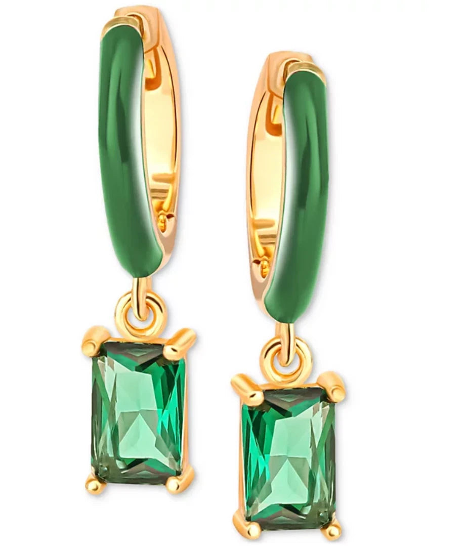 Giani Bernini Green CZ & Green Enamel Dangle Hoop Earrings 18K Gold Plated