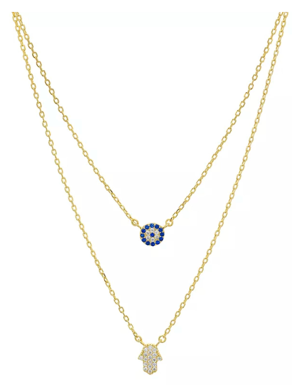 Double Strand Hamsa Pendant Necklace 14K Gold-Plated St. Silver 14"-16" - Exc.