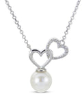 Cultured Pearl White Topaz Linked Heart Necklace Sterling Silver