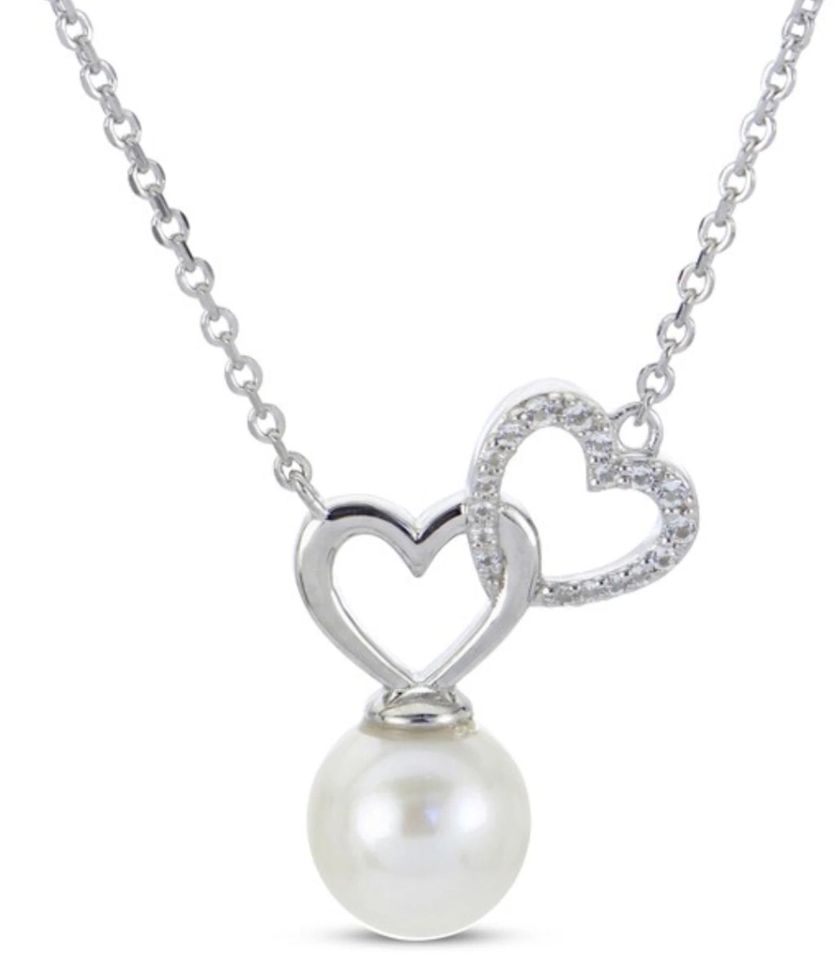 Cultured Pearl White Topaz Linked Heart Necklace Sterling Silver