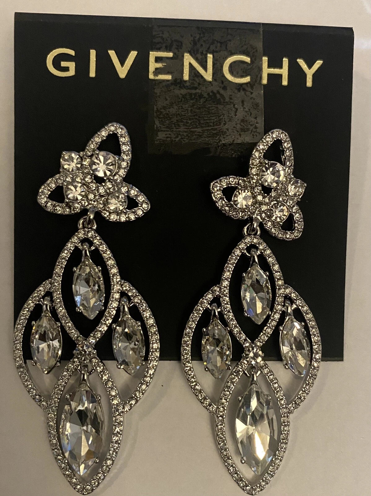 Givenchy Silver-Tone Pavé Crystal Floral Post Chandelier Earrings