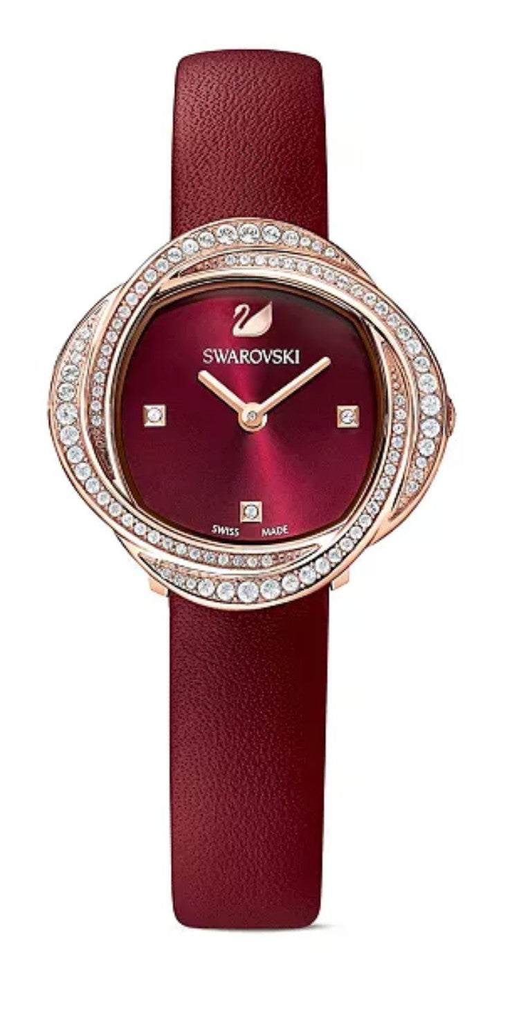 Swarovski Women's Crystal Flower Red Leather Strap Watch 28.4mm No Box