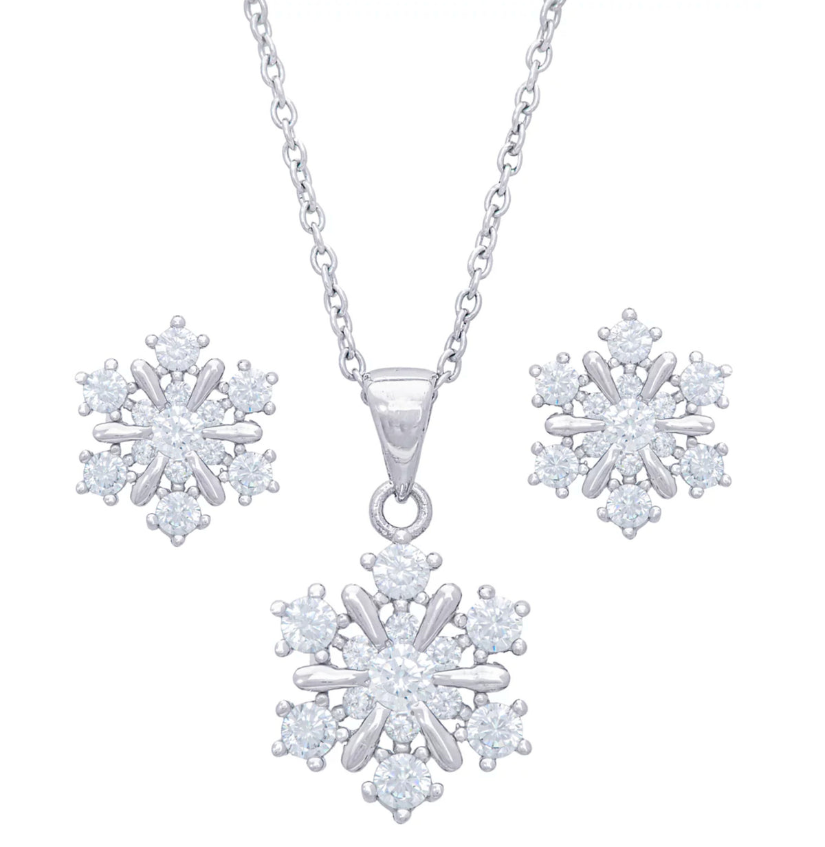 Silver Plated Cubic Zirconia Snowflake Earrings Pendant Necklace Set