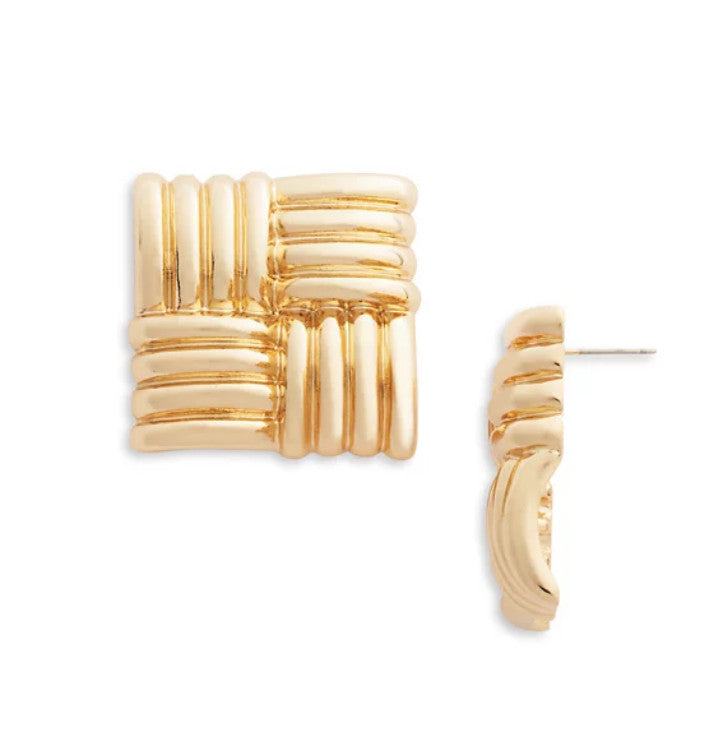 Aqua Quilted Square Statement Stud Earrings in 14K Gold Plated - Exclusive