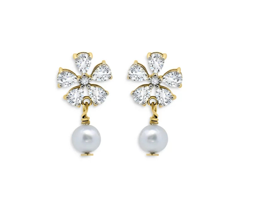 Aqua CZ Flower & Freshwater Pearl Drop Earrings 18K Gold Plated Sterling Silver