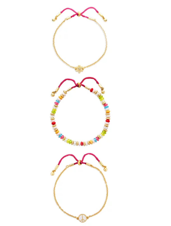 $115 AQUA Charm & Bead Cord Slider Bracelets in 14K Gold Plated, Set of 3
