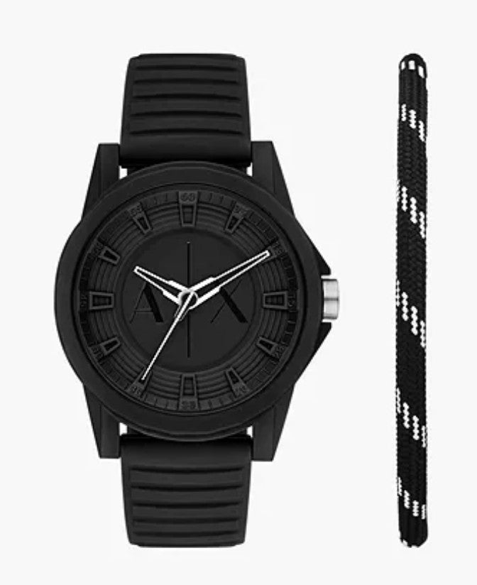 Armani Exchange Three-Hand Black Silicone Watch and Bracelet Set No Box