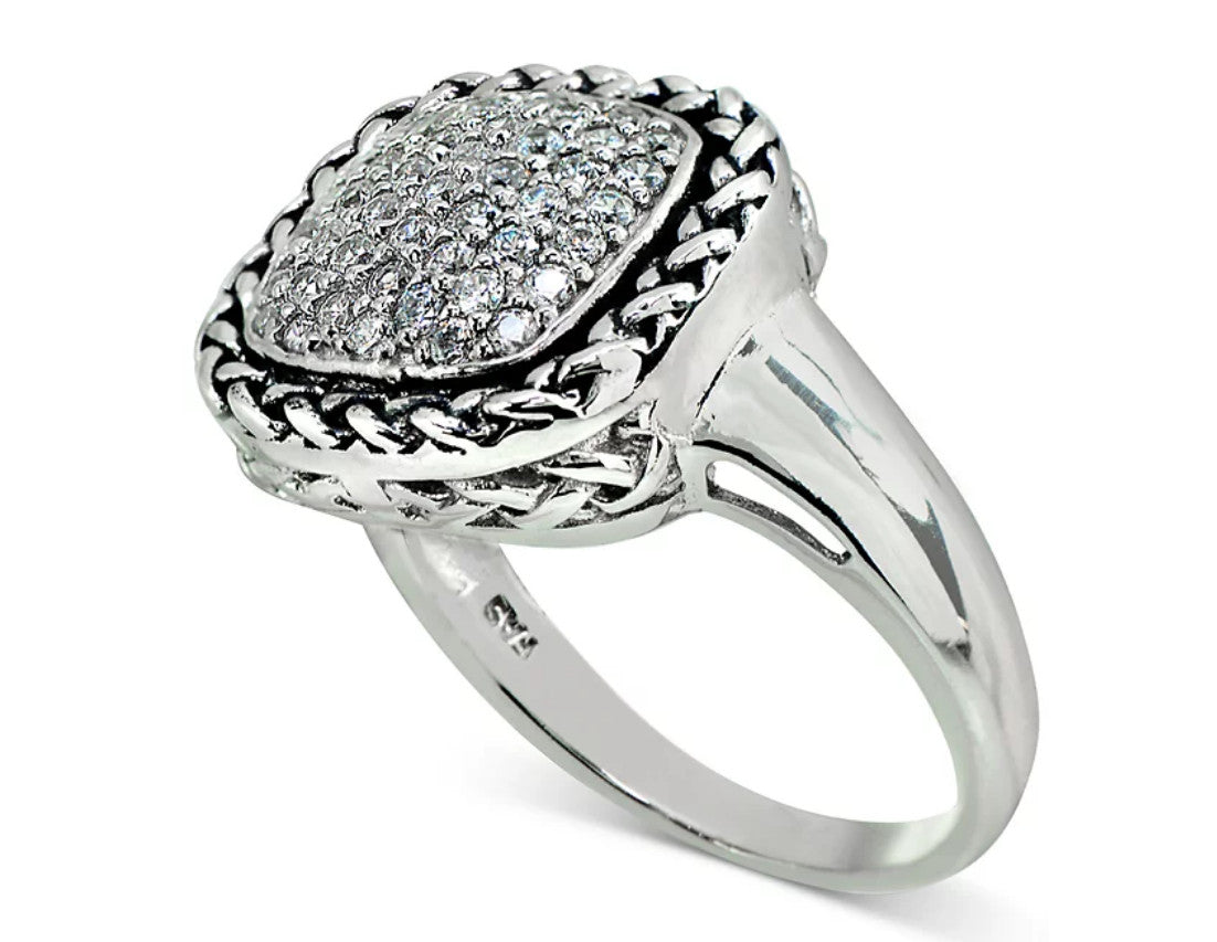 Cubic Zirconia Rope-Framed Statement Ring in Sterling Silver - Sterling Silver