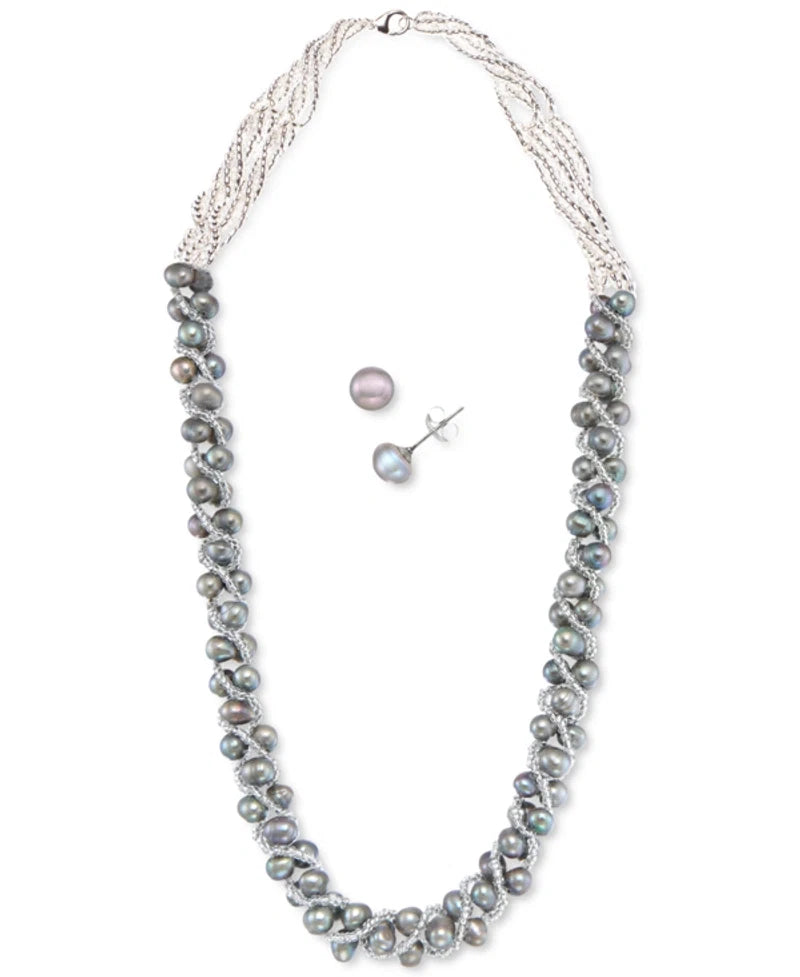 Cultured Freshwater Pearl Necklace 4mm & Earrings 6mm Set Sterling Silver