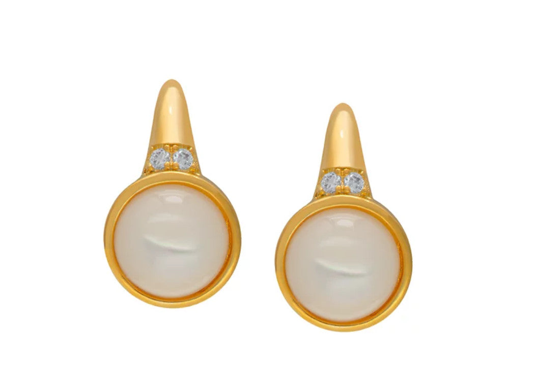 Mother of Pearl and Cubic Zirconia Round Leverback Earrings - Gold