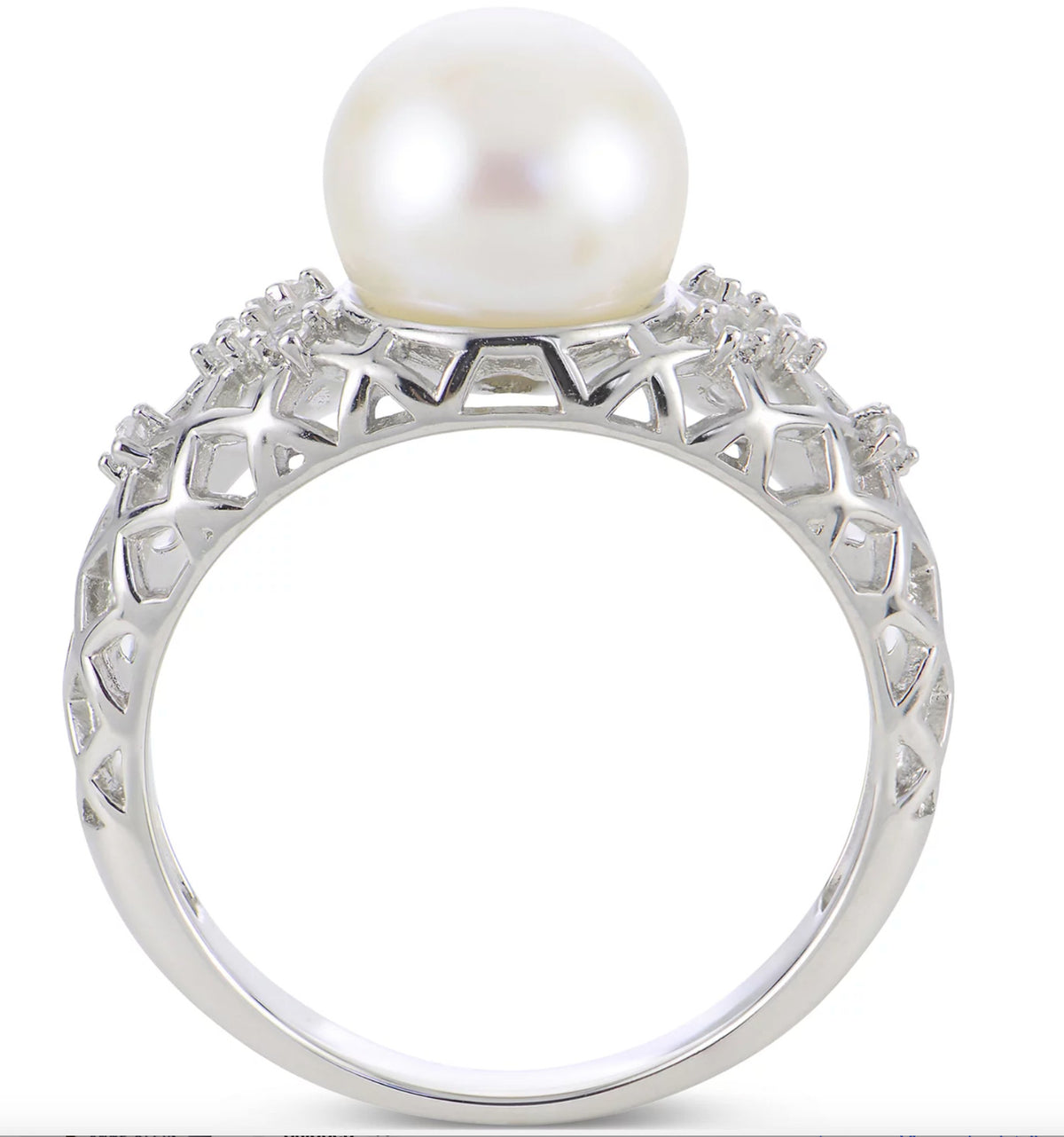 Cultured Freshwater Pearl & Lab White Sapphire Ring in Sterling Silver
