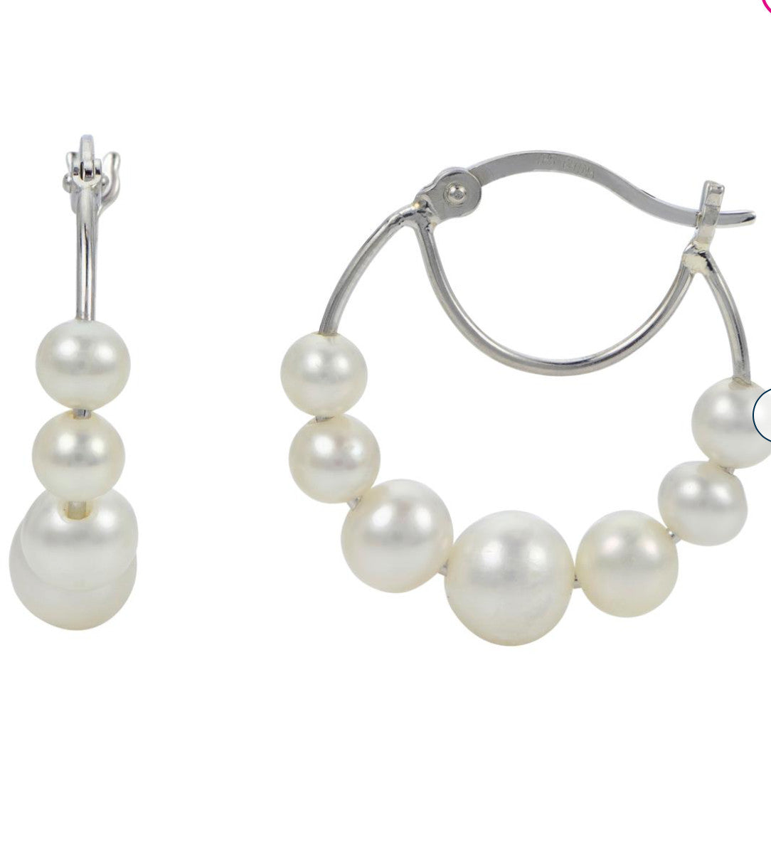 Cultured Freshwater Pearl (4-6.5mm) Graduated Hoop Earrings - Sterling Silver
