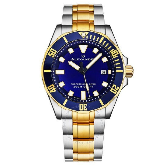 Alexander Men's Watch A501B Swiss Quartz Diver Blue Dial Two Tone Steel 42mm