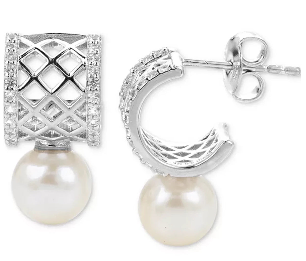 Cultured Freshwater Pearl (7mm) & Lab White Sapphire Huggie Earrings